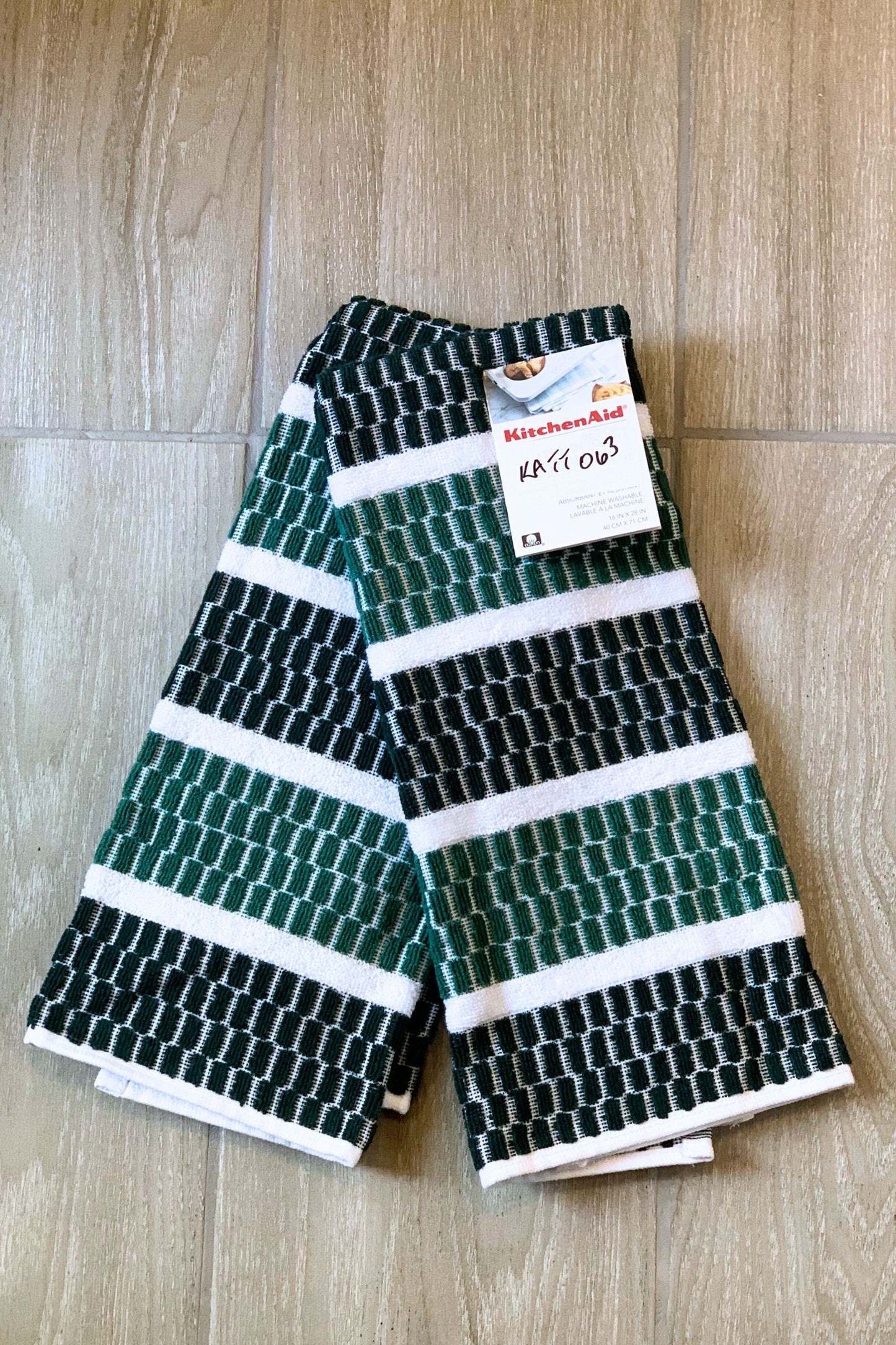 New KitchenAid Tea-Towels x2 Black Green Bands