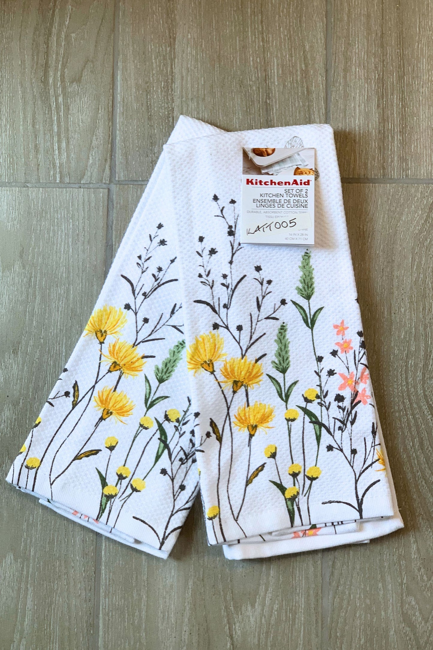 New KitchenAid Tea-Towels x2 Yellow and Pink Flowers
