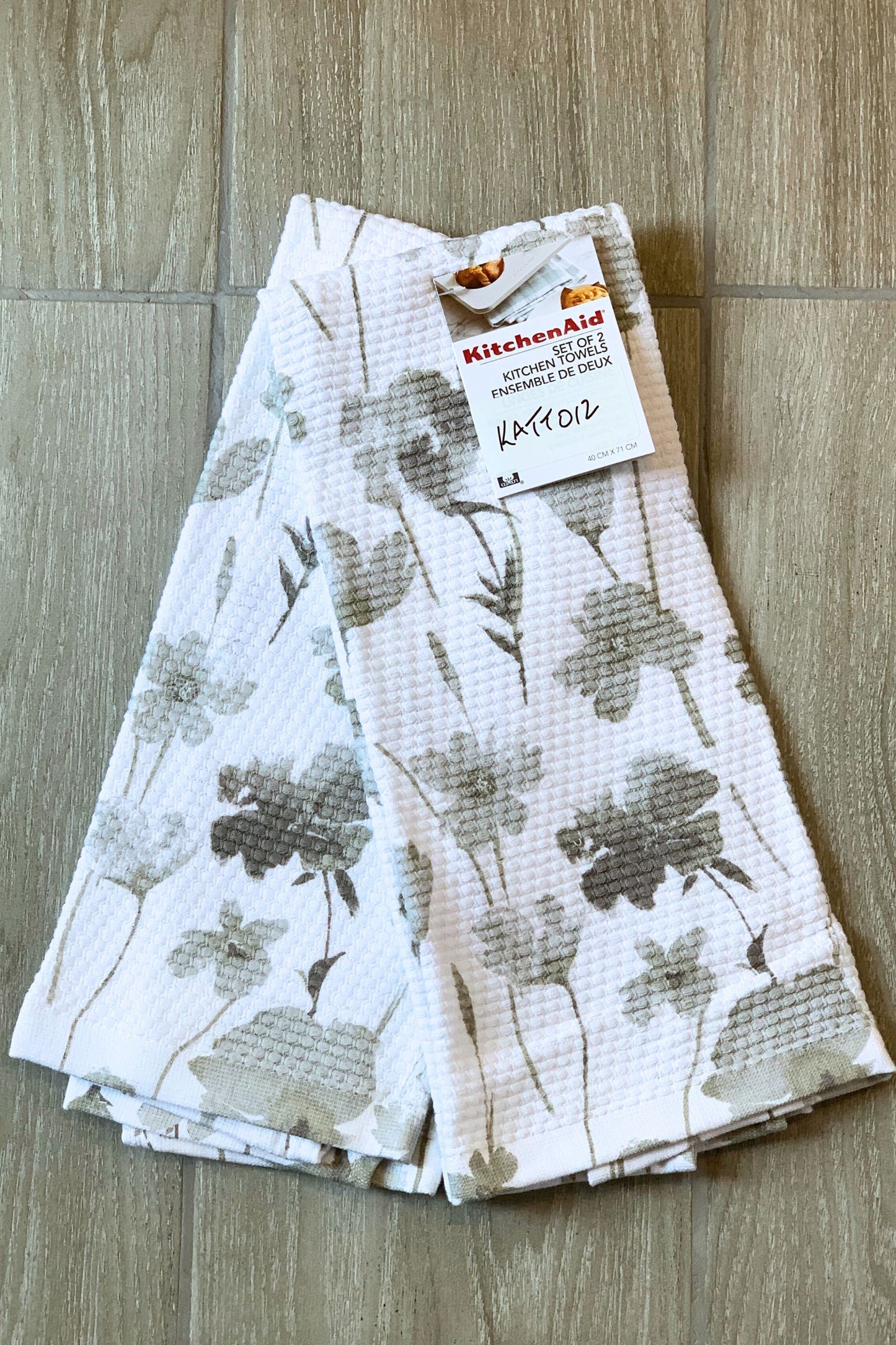 New KitchenAid Tea-Towels x2 Light Grey Flowers