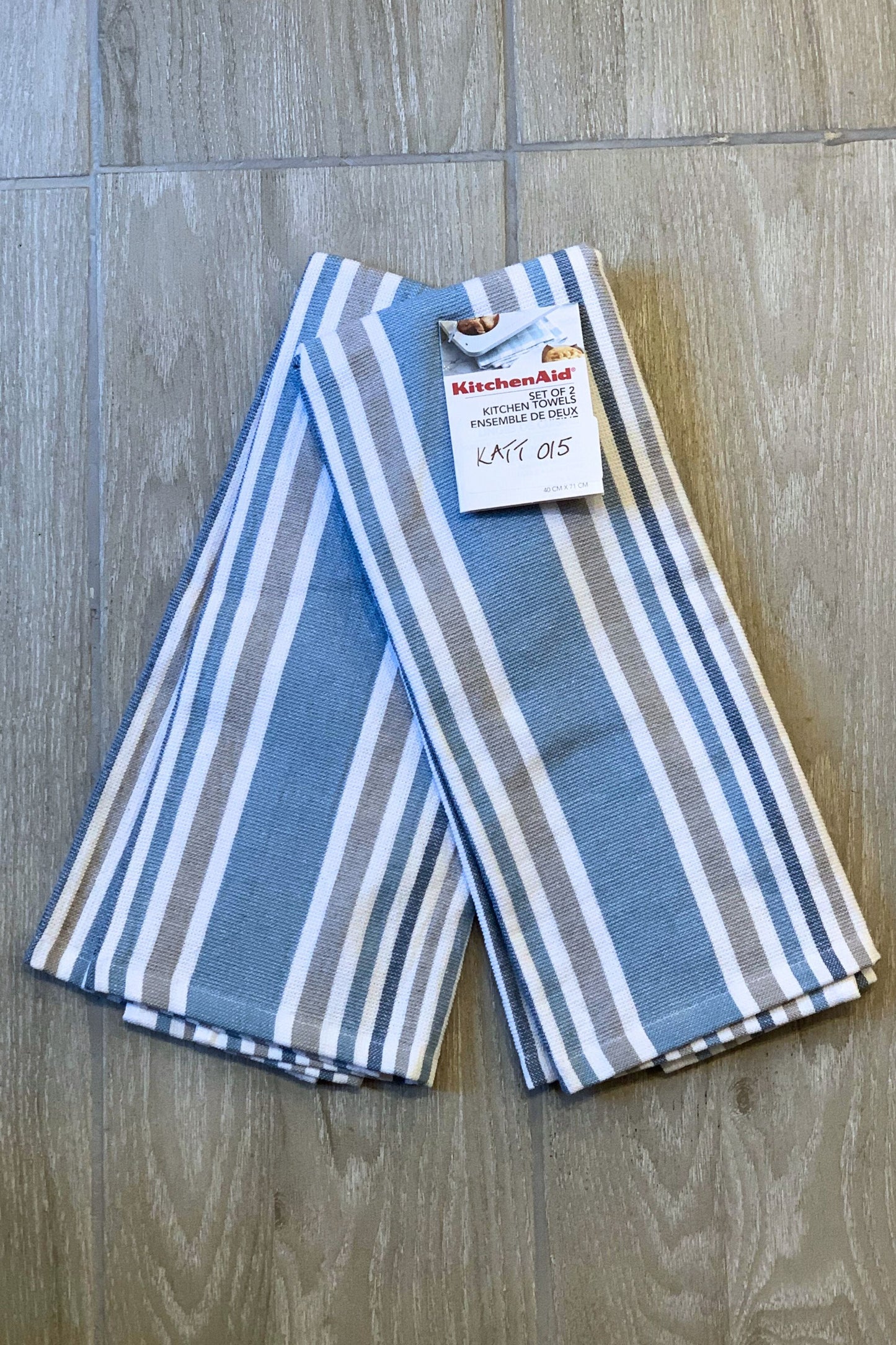 New KitchenAid Tea-Towels x2 Blue Grey Vertical Stripe