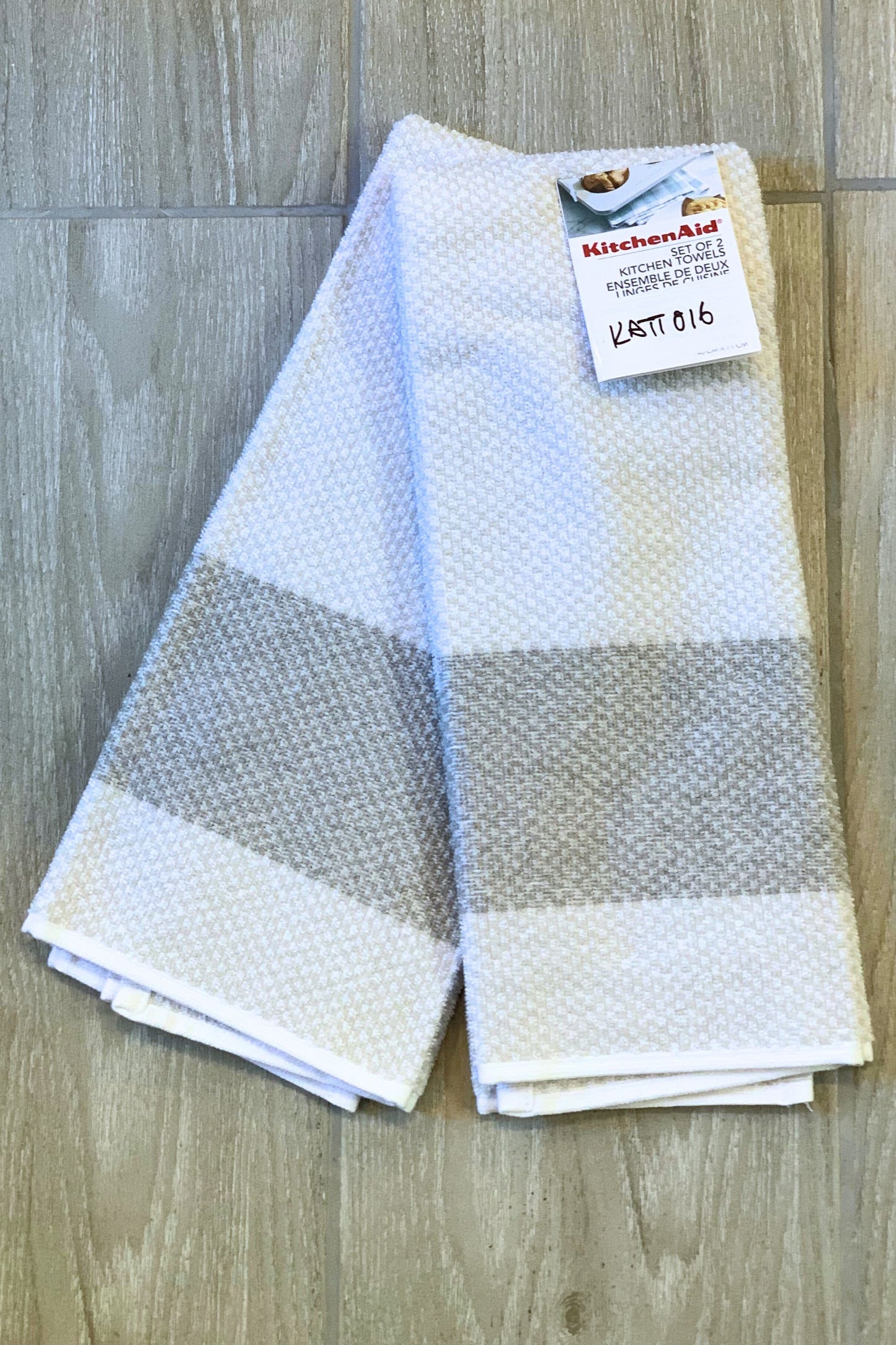 New KitchenAid Tea-Towels x2 Horizontal Light Grey Bands