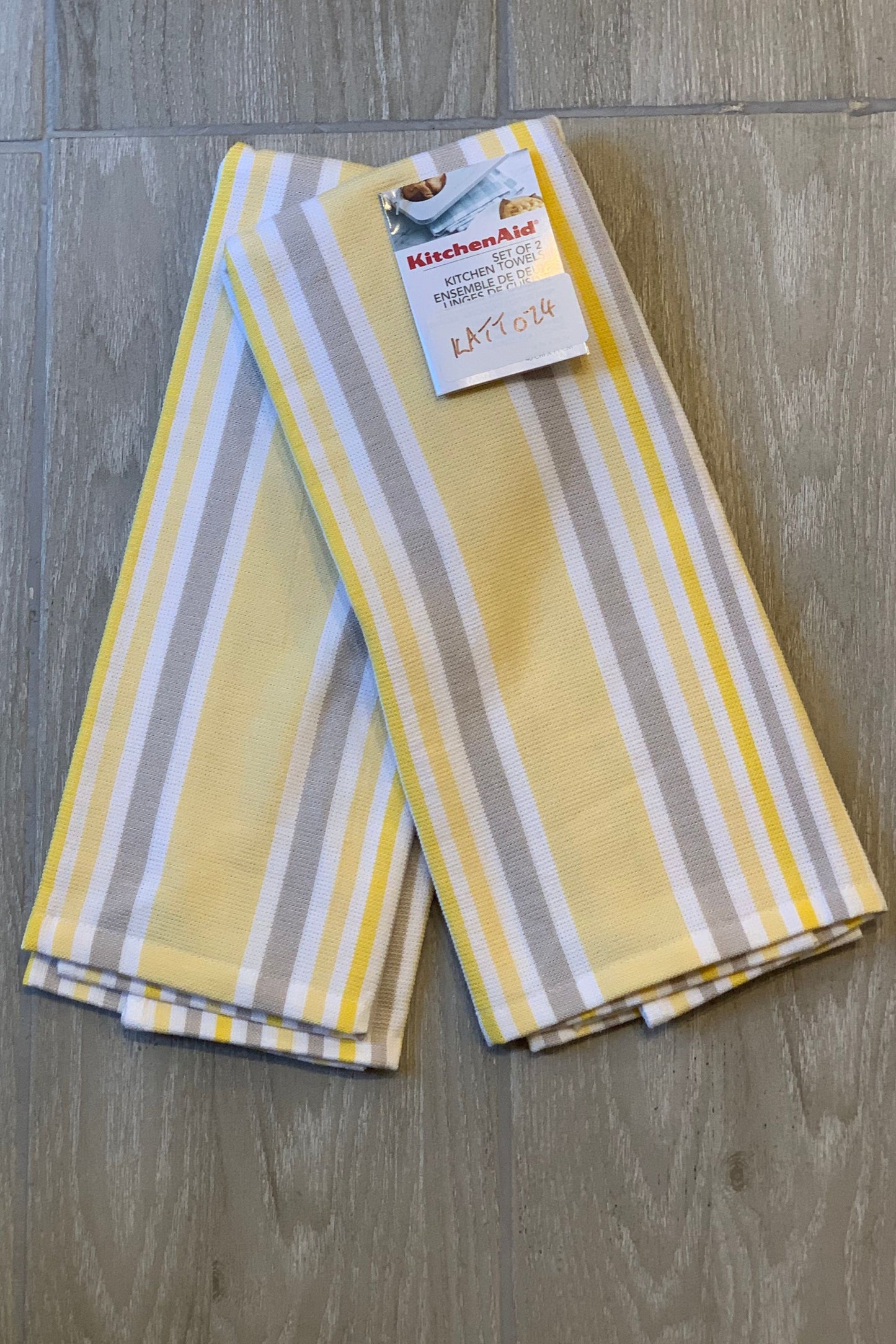 New KitchenAid Tea-Towels x2 Yellow Grey Vertical Stripe