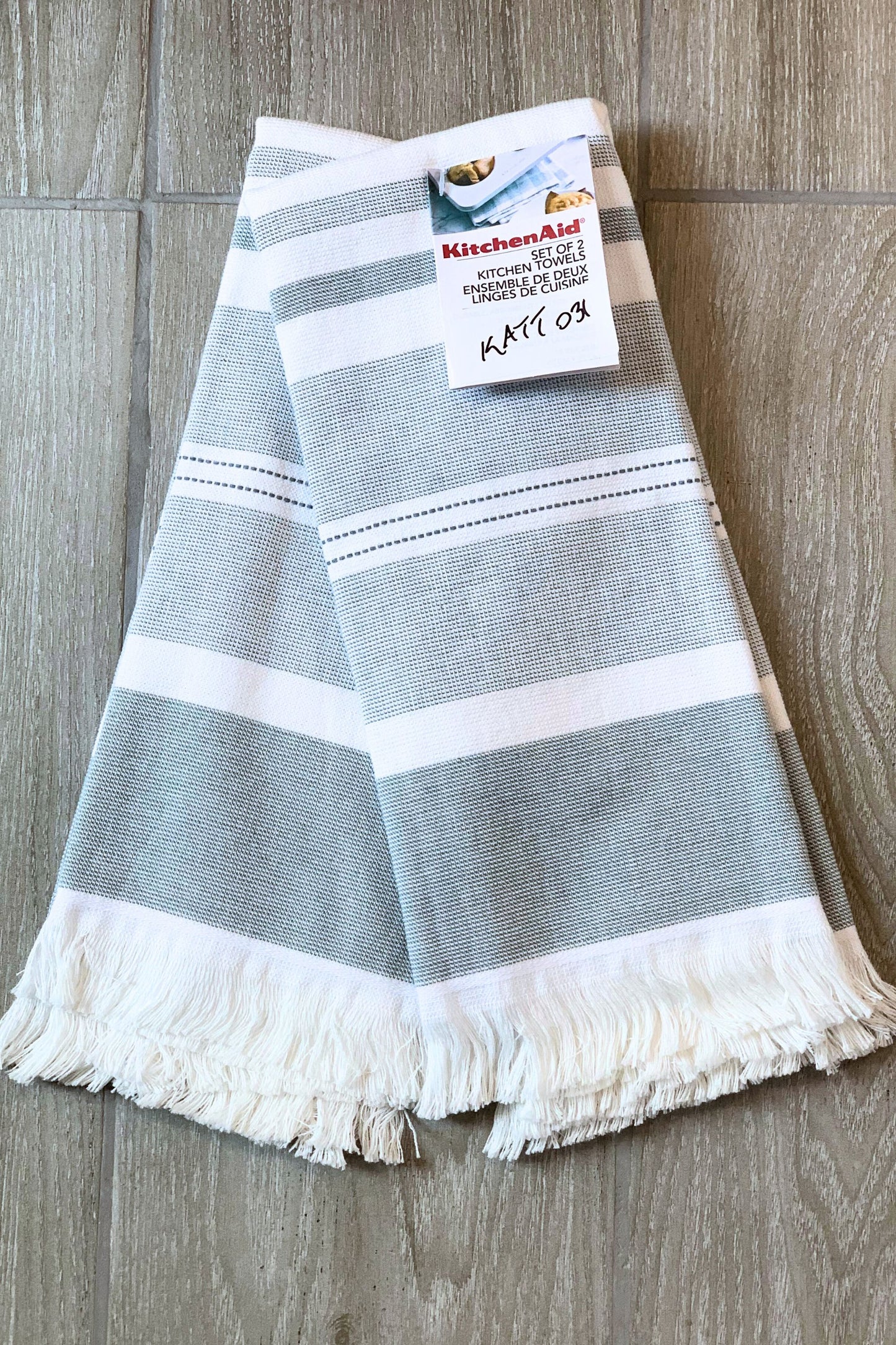 New KitchenAid Tea-Towels x2 Green Shades with Fringe