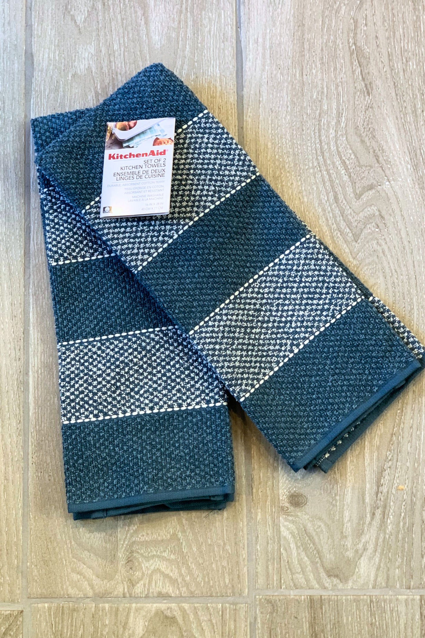 New KitchenAid Tea-Towels x2 Horizontal Kingfisher Blue Bands