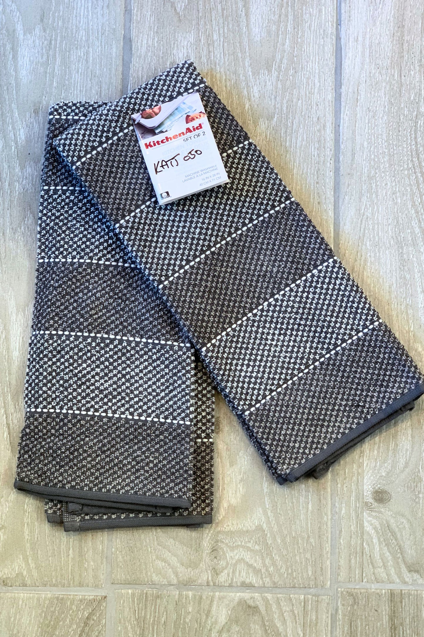 New KitchenAid Tea-Towels x2 Horizontal Mid Grey Bands