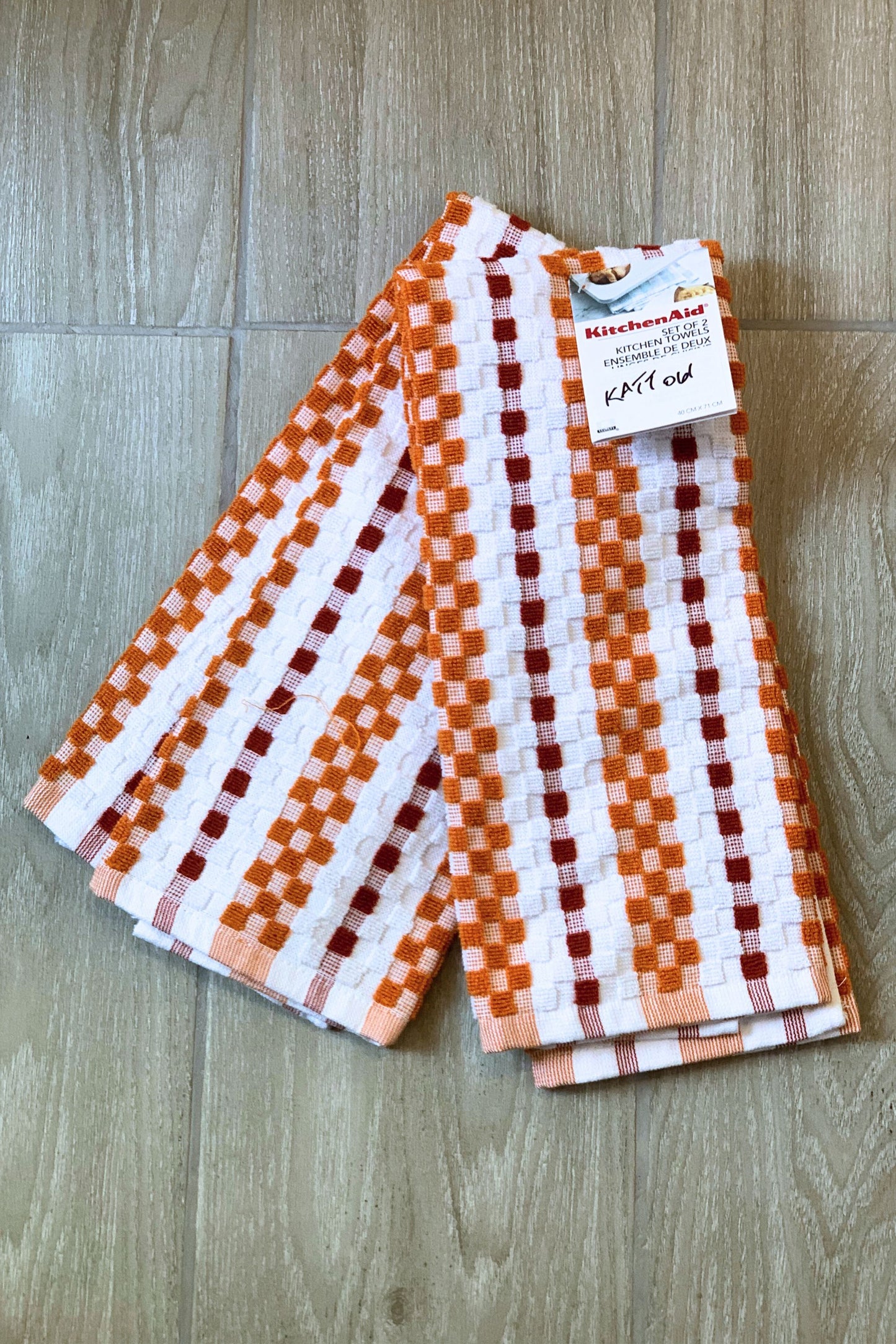 New KitchenAid Tea-Towels x2 Amber Red Squares