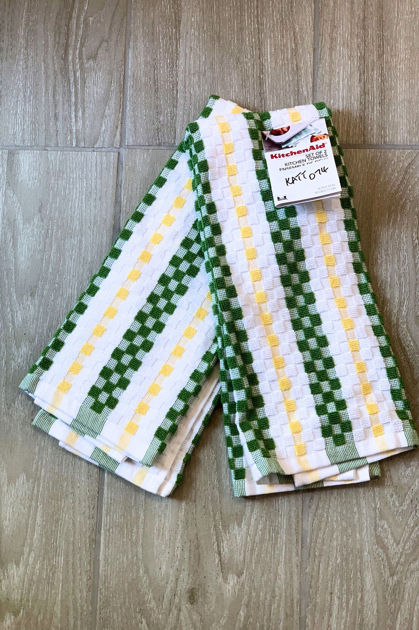 New KitchenAid Tea-Towels x2 Green Yellow Squares