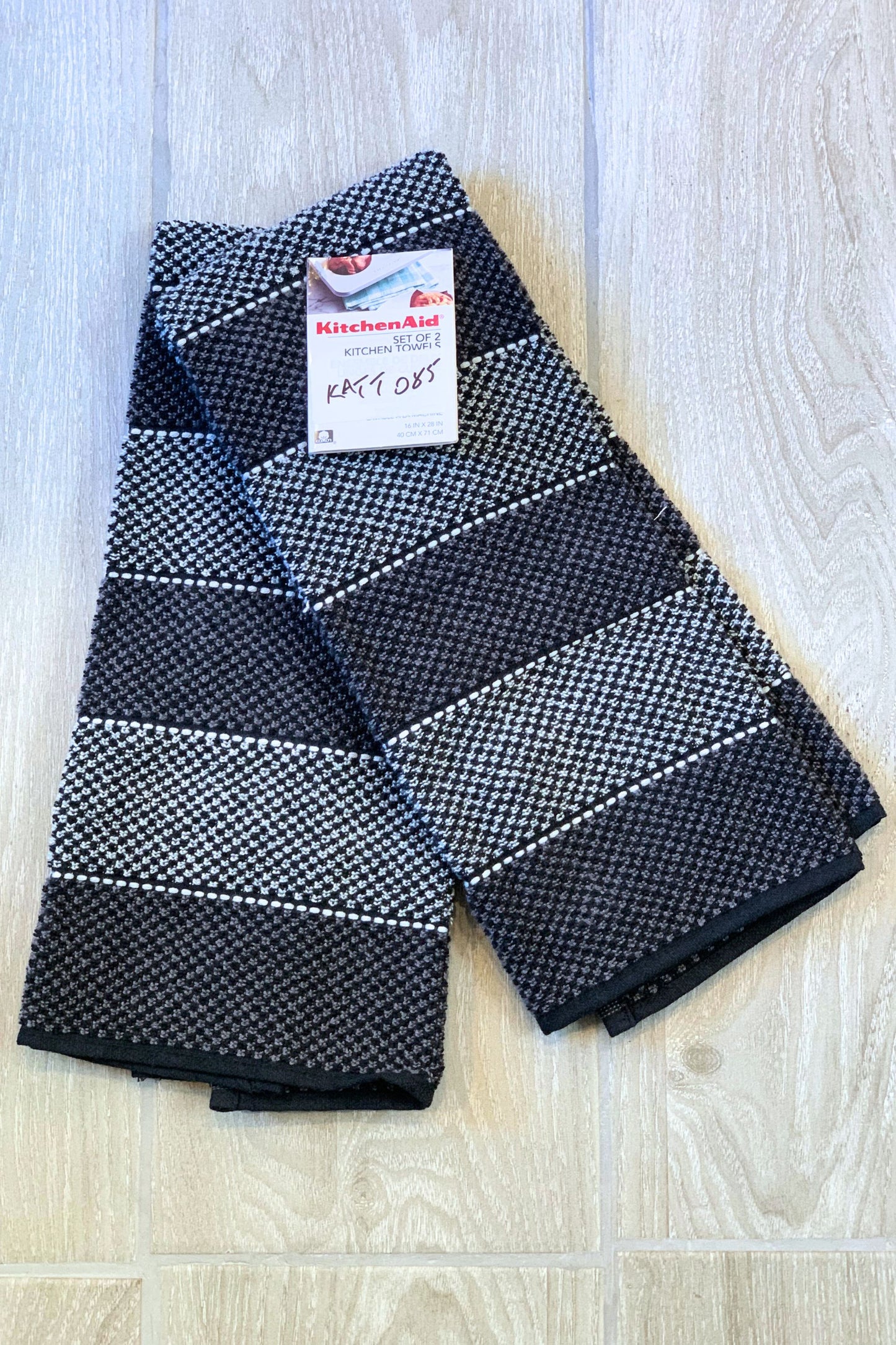 New KitchenAid Tea-Towels x2 Horizontal Dark Grey Bands