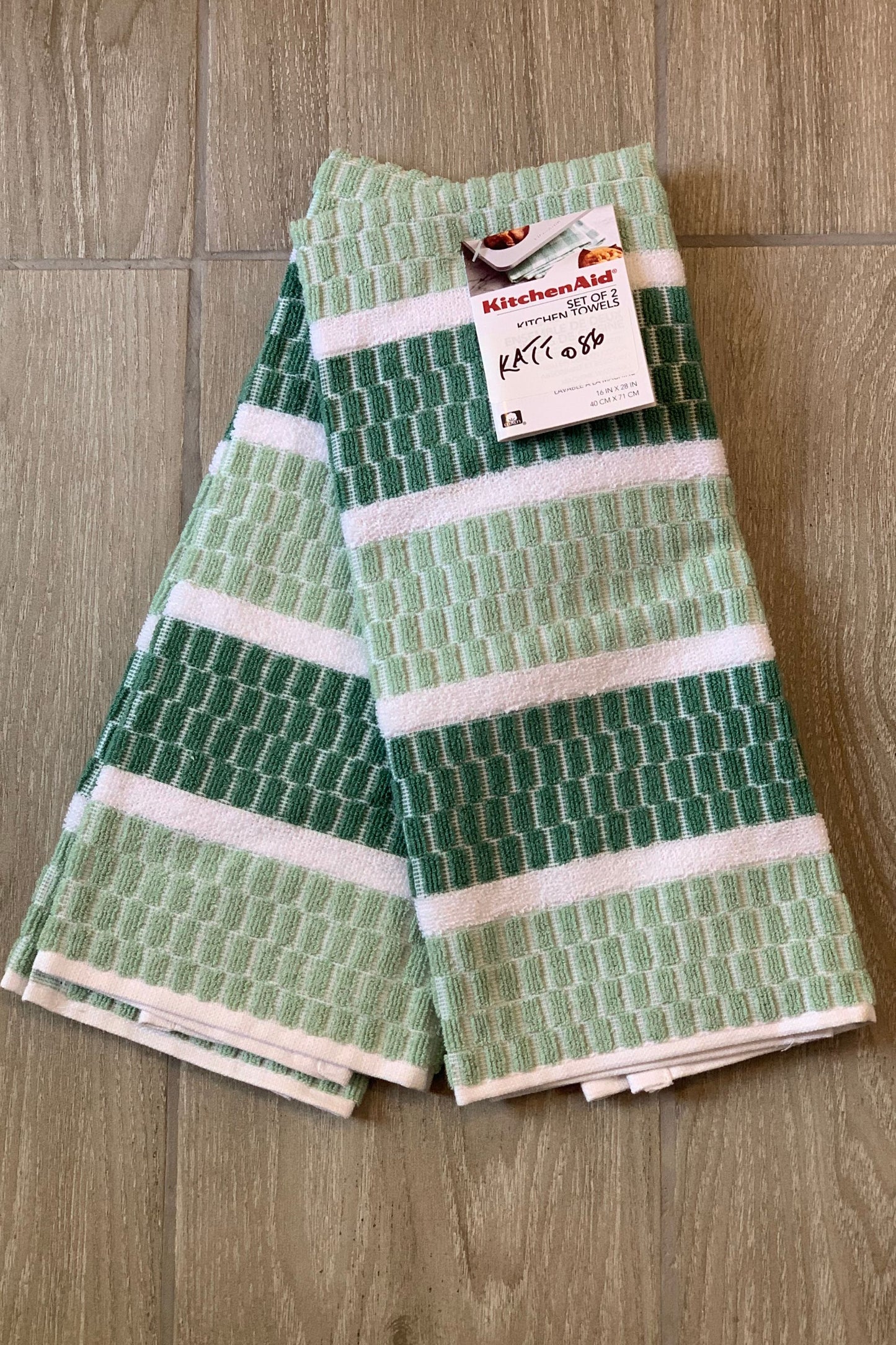 New KitchenAid Tea-Towels x2 Green Light Green Bands