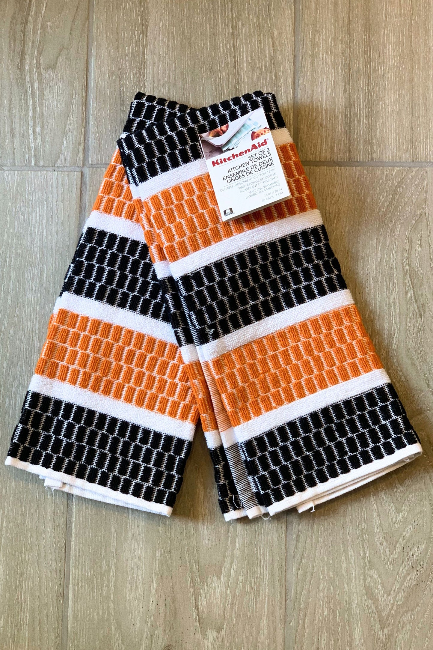 New KitchenAid Tea-Towels x2 Amber Black Bands