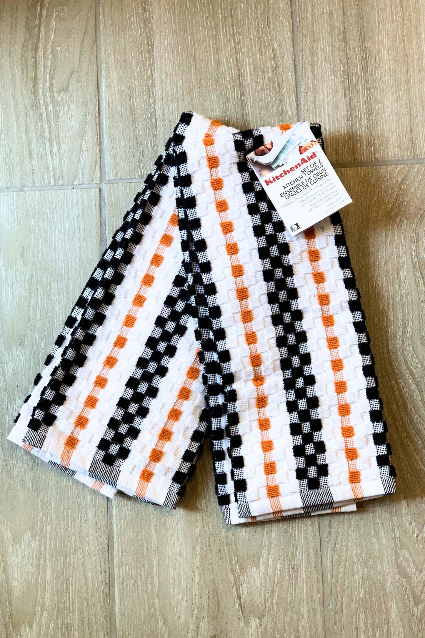 New KitchenAid Tea-Towels x2 Black Amber Squares