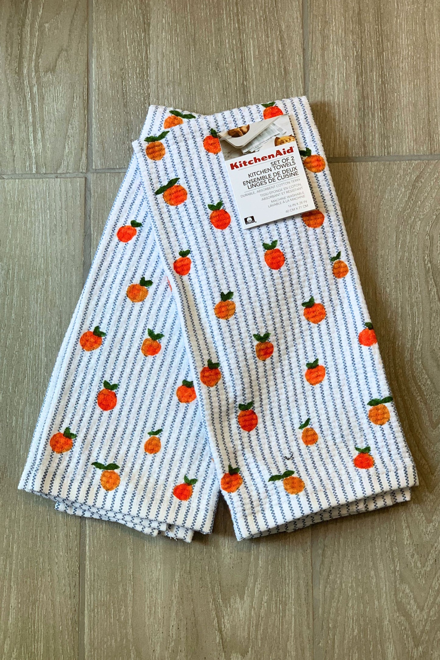 New KitchenAid Tea-Towels x2 Oranges Blue Pin-Stripe