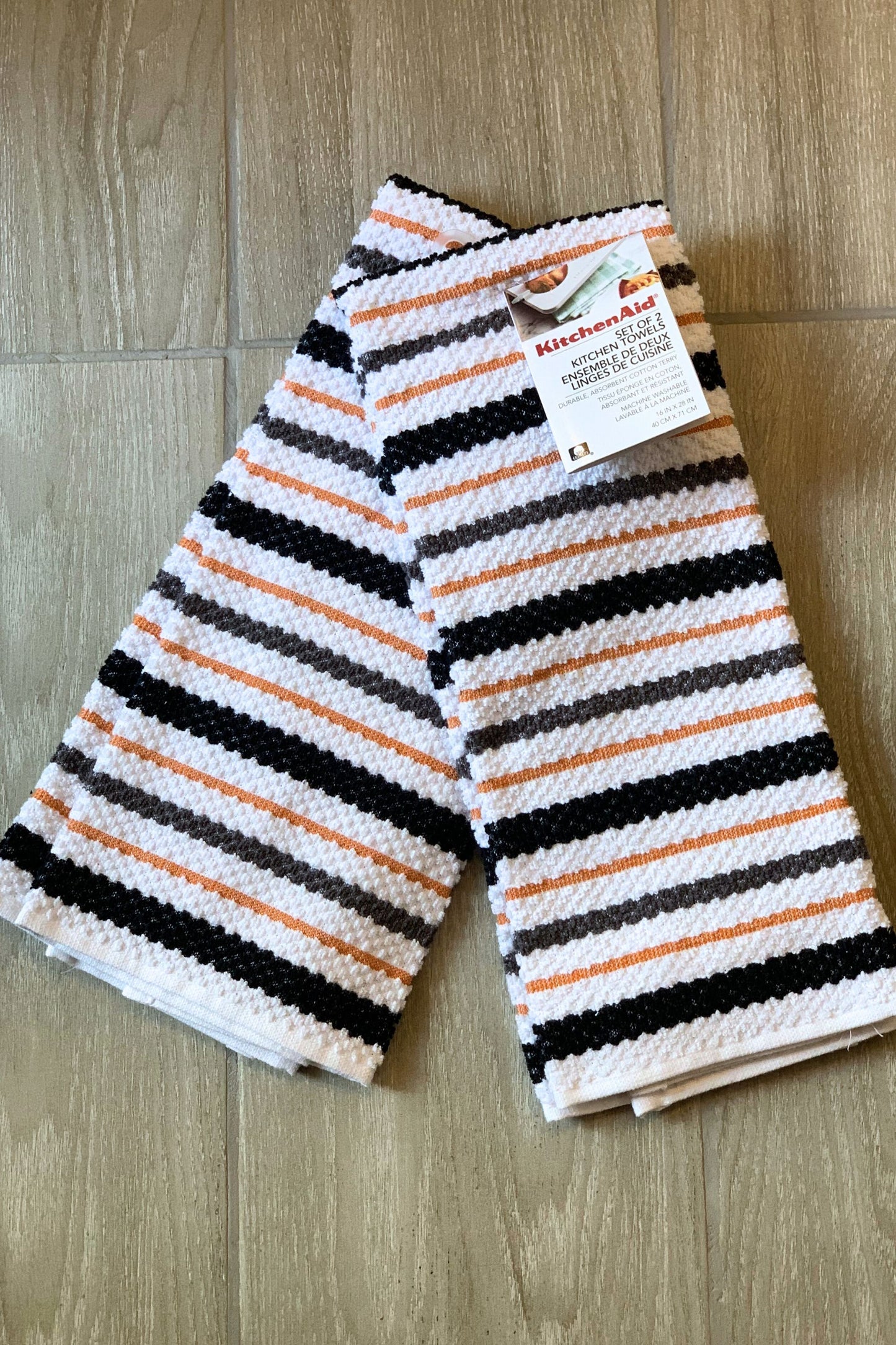 New KitchenAid Tea-Towels x2 Black Orange Grey Bands