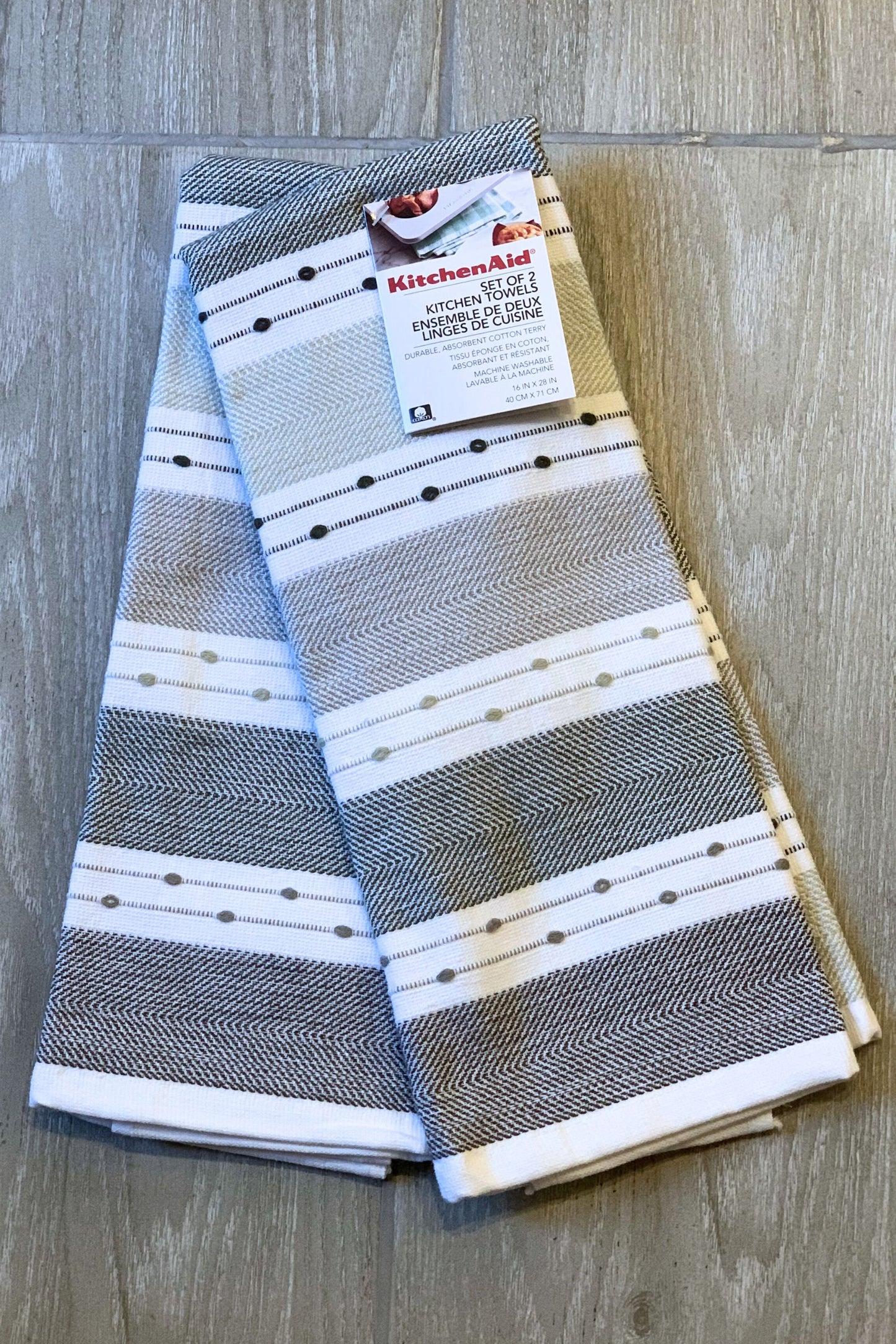 New KitchenAid Tea-Towels x2 Olive with Dots