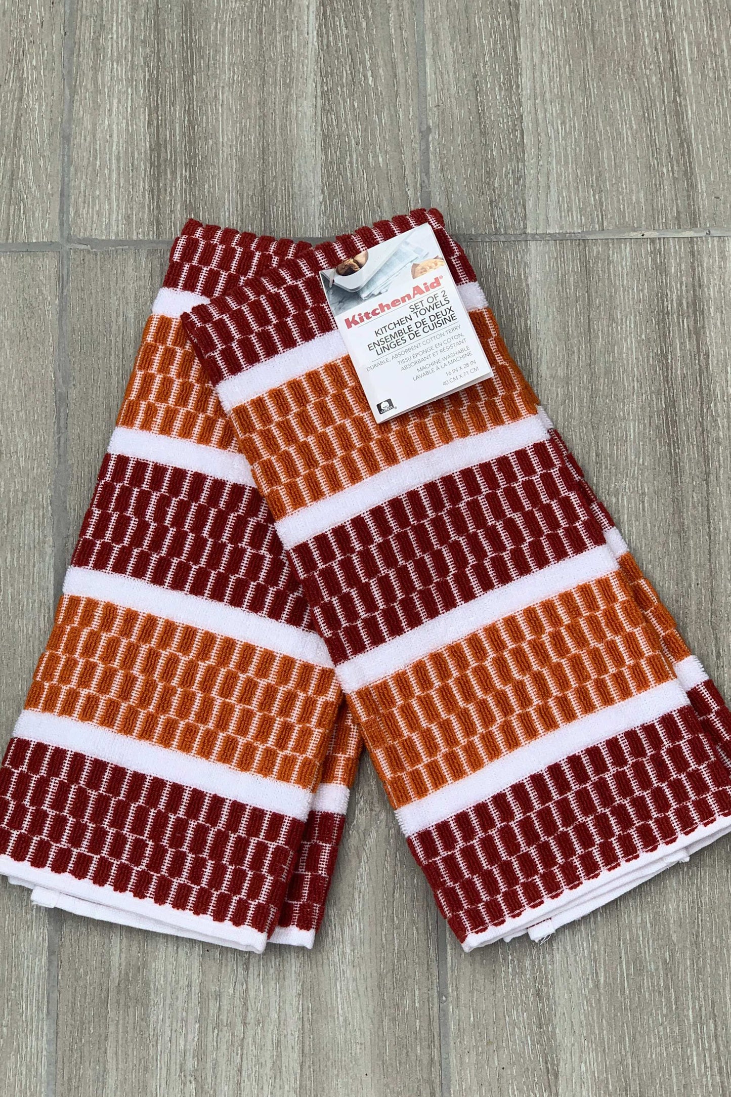 New KitchenAid Tea-Towels x2 Amber and Burgundy Rectangles