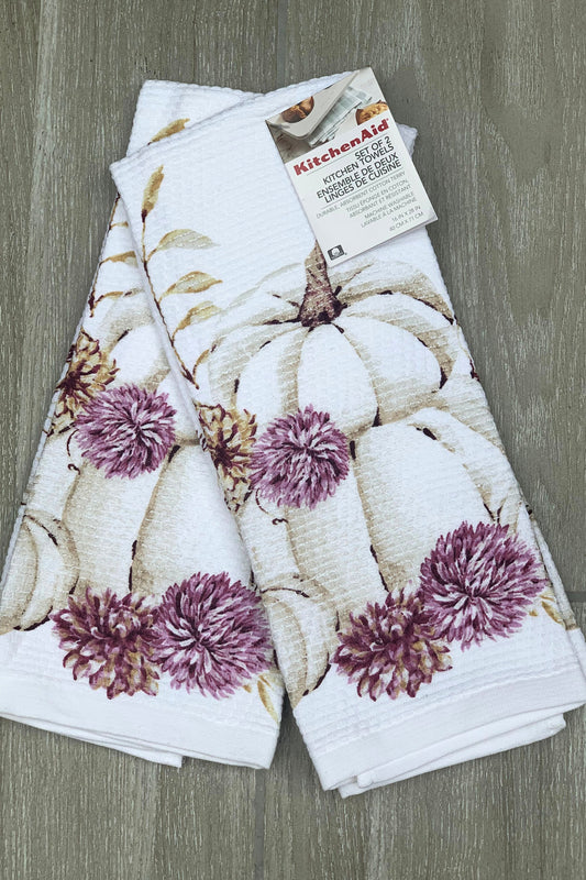 New KitchenAid Tea-Towels x2 100% Cotton with Pumpkins & Flowers