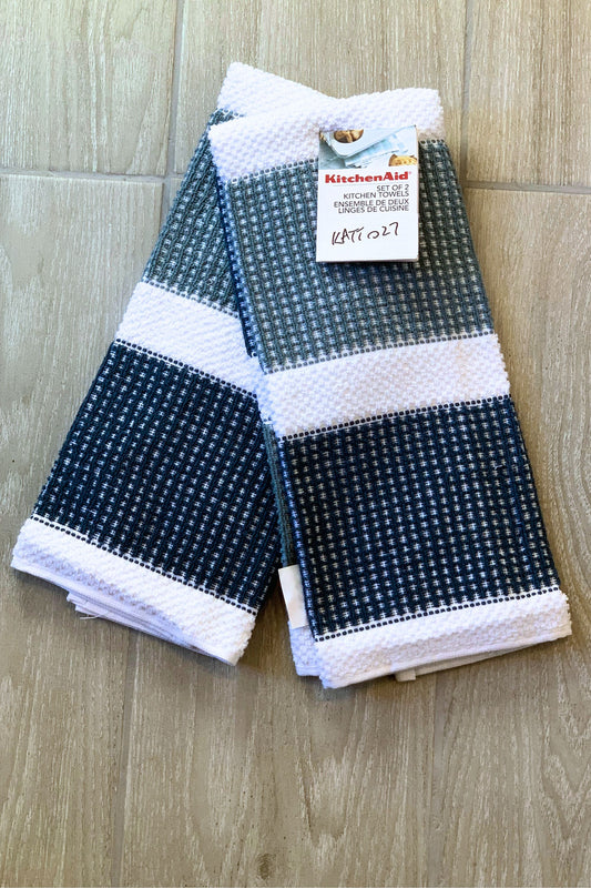 New KitchenAid Tea-Towels x2 Blue Green Waffle