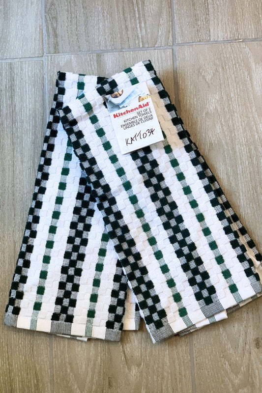 New KitchenAid Tea-Towels x2 Green Black Squares