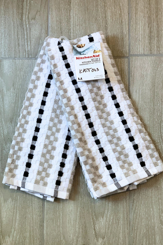 New KitchenAid Tea-Towels x2 Beige Black Squares