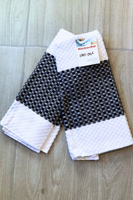 New KitchenAid Tea-Towels x2 Black Grey Checkerboard