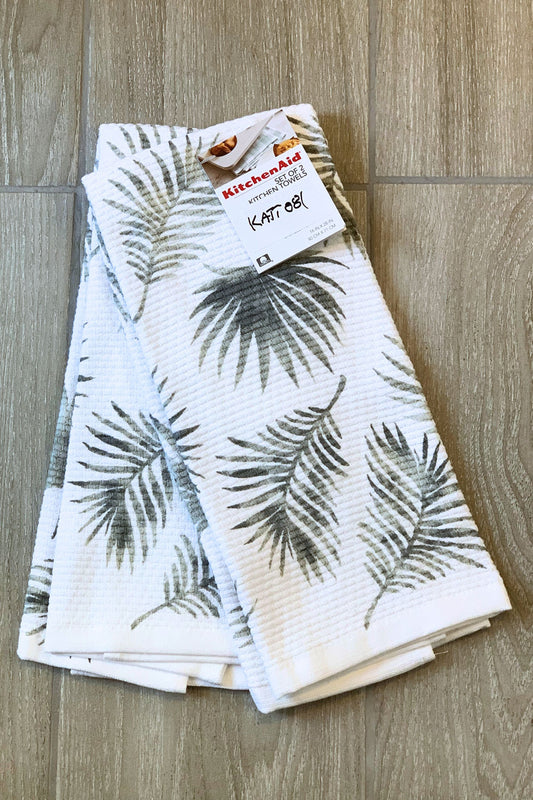 New KitchenAid Tea-Towels x2 Green Grey Ferns
