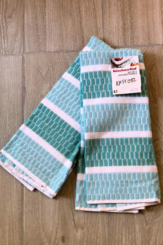 New KitchenAid Tea-Towels x2 Green Light Blue Bands