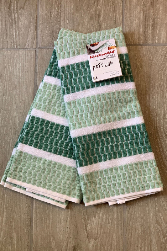 New KitchenAid Tea-Towels x2 Green Light Green Bands