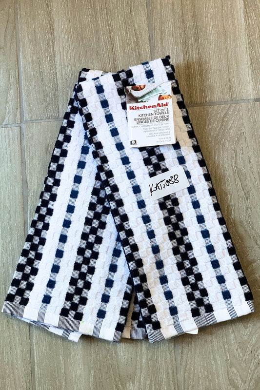 New KitchenAid Tea-Towels x2 Blue Black Squares