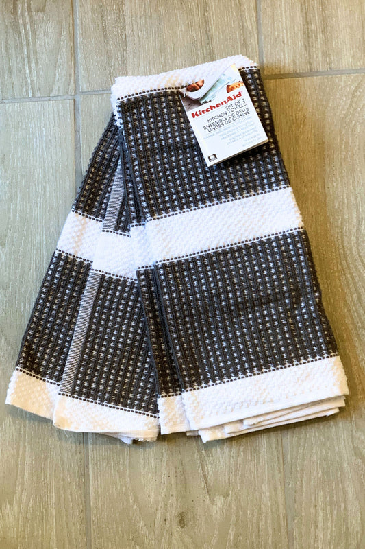 New KitchenAid Tea-Towels x2 Dark Grey Waffle