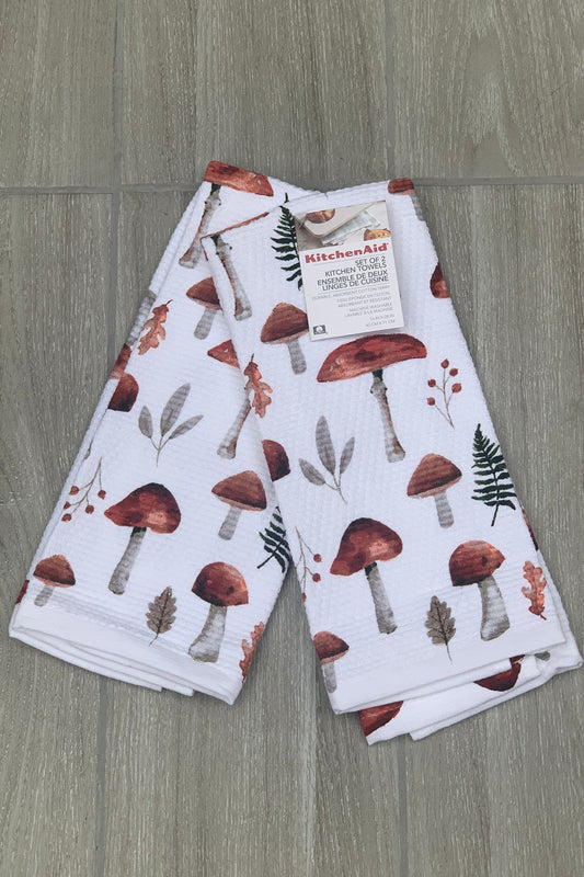 New KitchenAid Tea-Towels x2 100% Cotton with Mushrooms