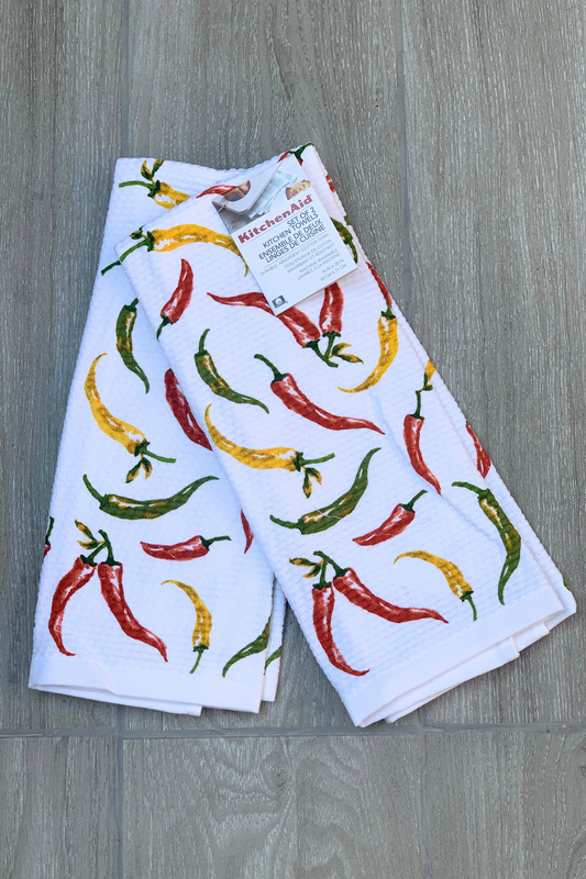 New KitchenAid Tea-Towels x2 White Red Green & Yellow Chillies