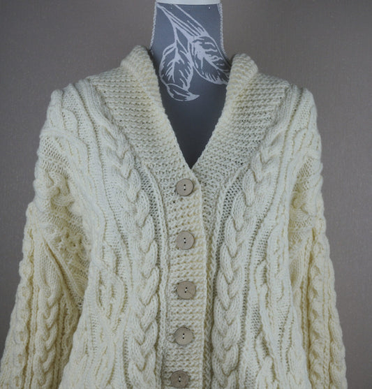 Classic Aran Ladies Cardigan / Jacket with pockets - Ivory/Cream (UK Size 16/18)