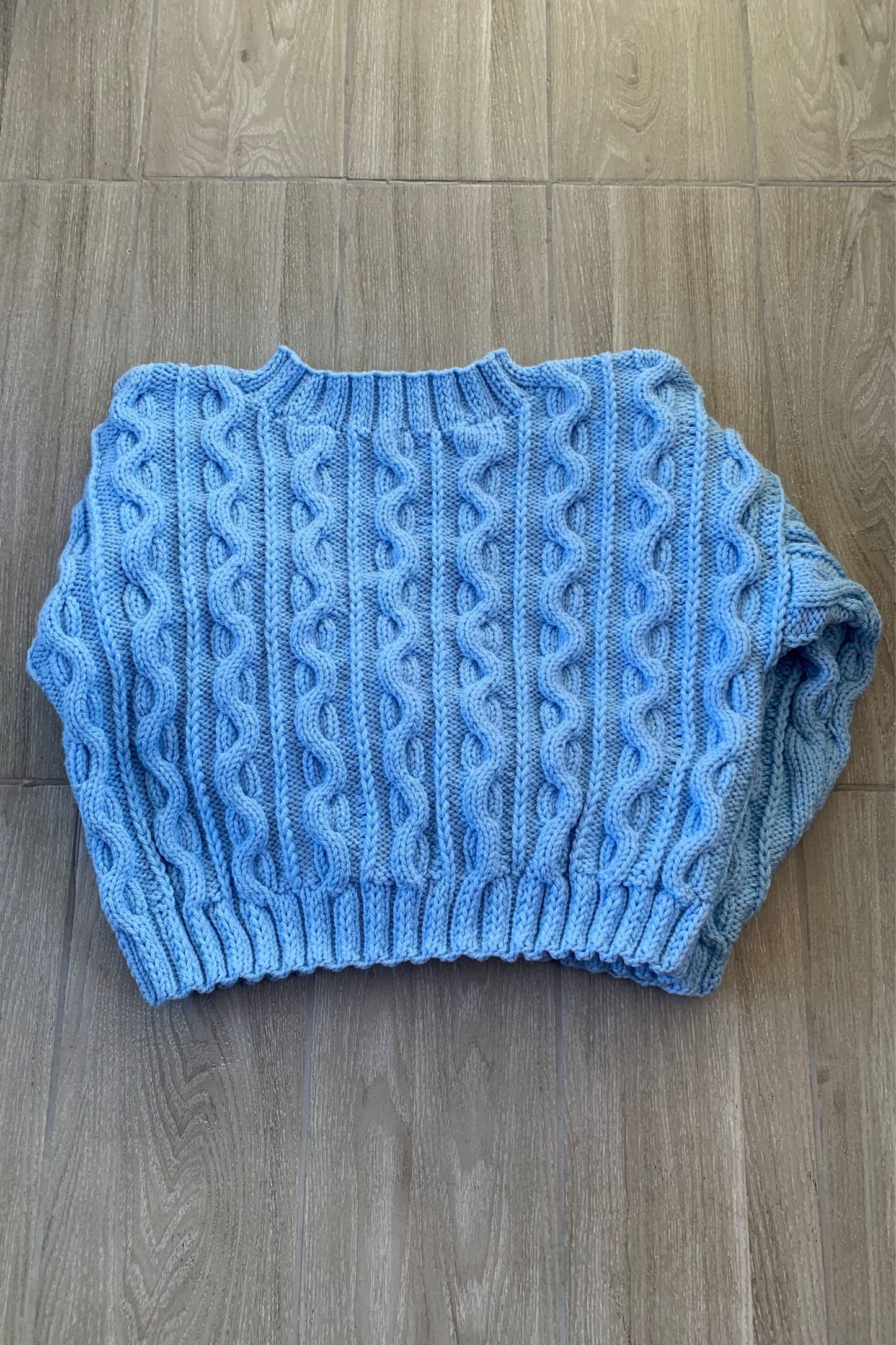 Ladies Chunky Sweater, Travelling Cable - Powder Blue (UK Medium/Large)