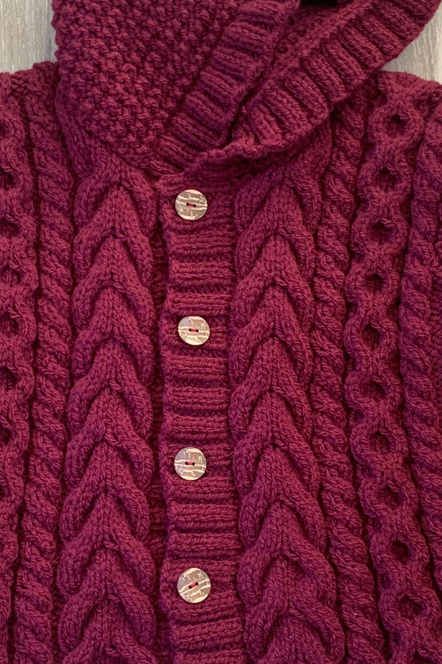 Child's Aran Hooded Cardigan - Burgundy