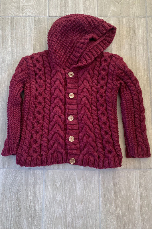 Child's Aran Hooded Cardigan - Burgundy