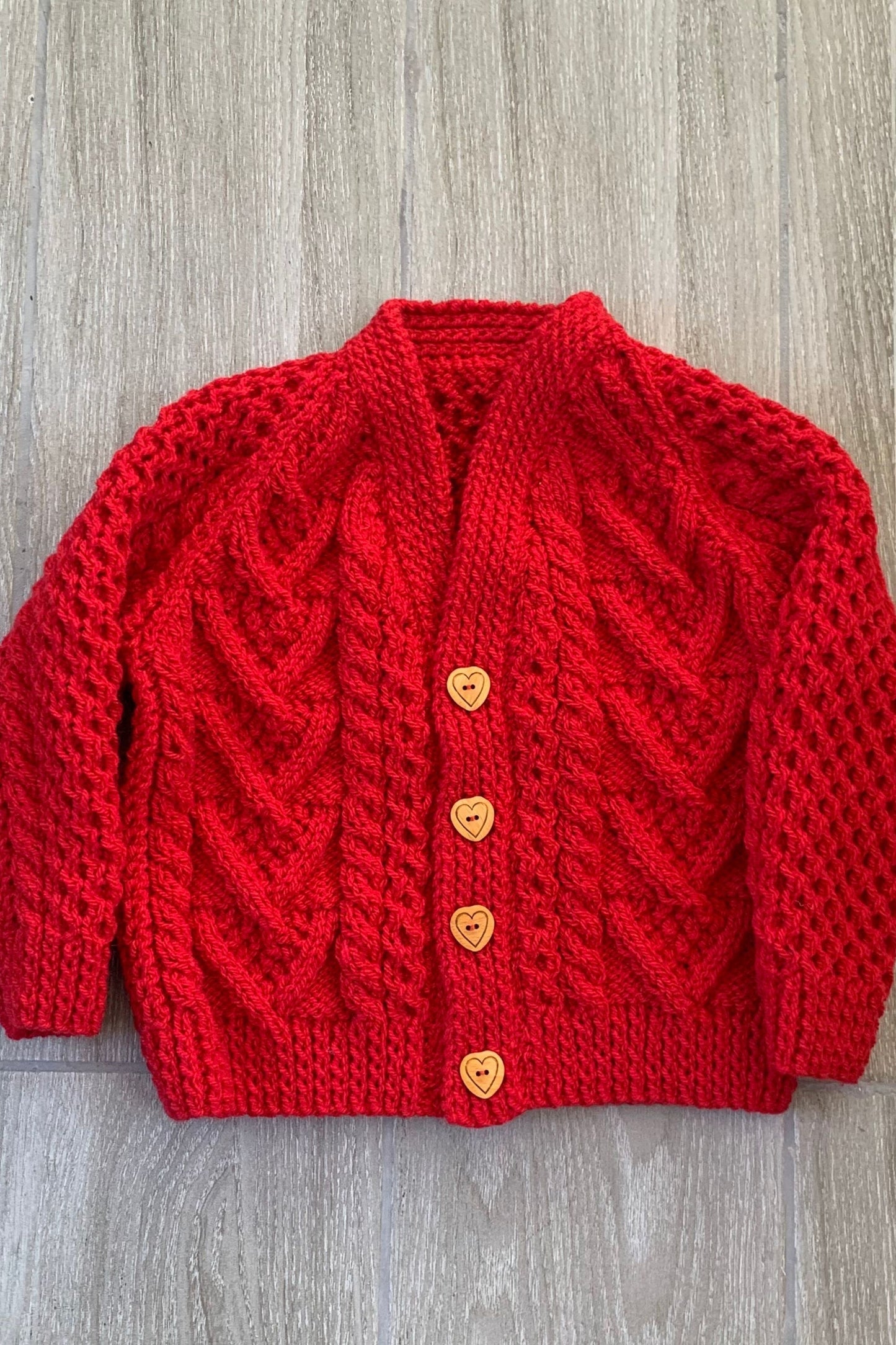 Child’s V Neck Aran Cardigan - Cherry Red (Approx 4 Years)