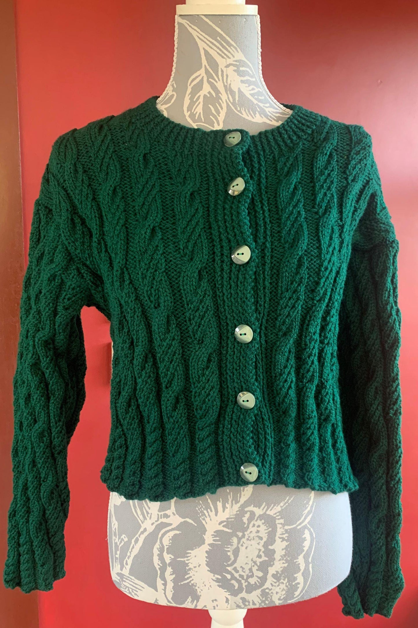 Ladies Short Length Cable Cardigan - Bottle Green (UK 12)