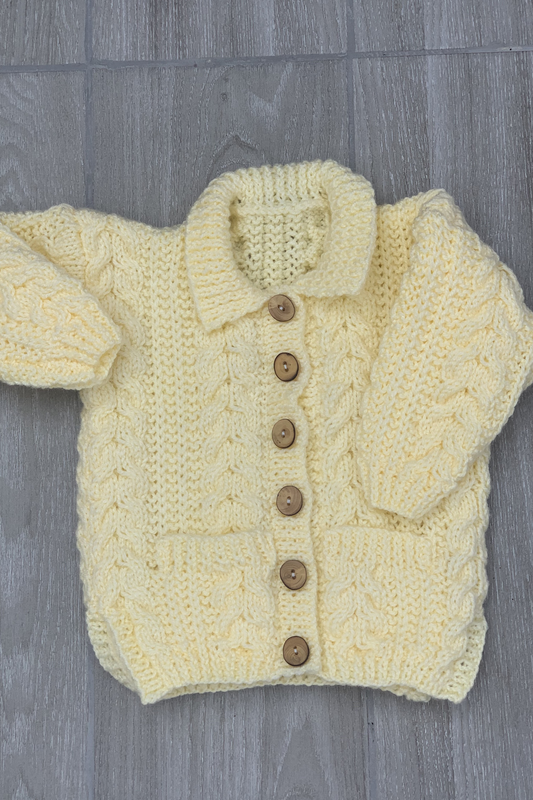 Child's Aran Jacket with Collar and Pockets - Lemon (6-12 months)