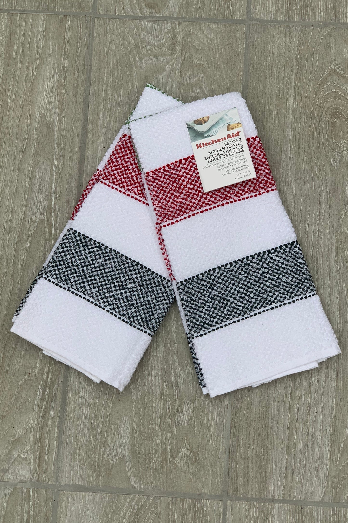 Grey, White, Green Striped Tea Towel Set, Set of 2 Tea towels