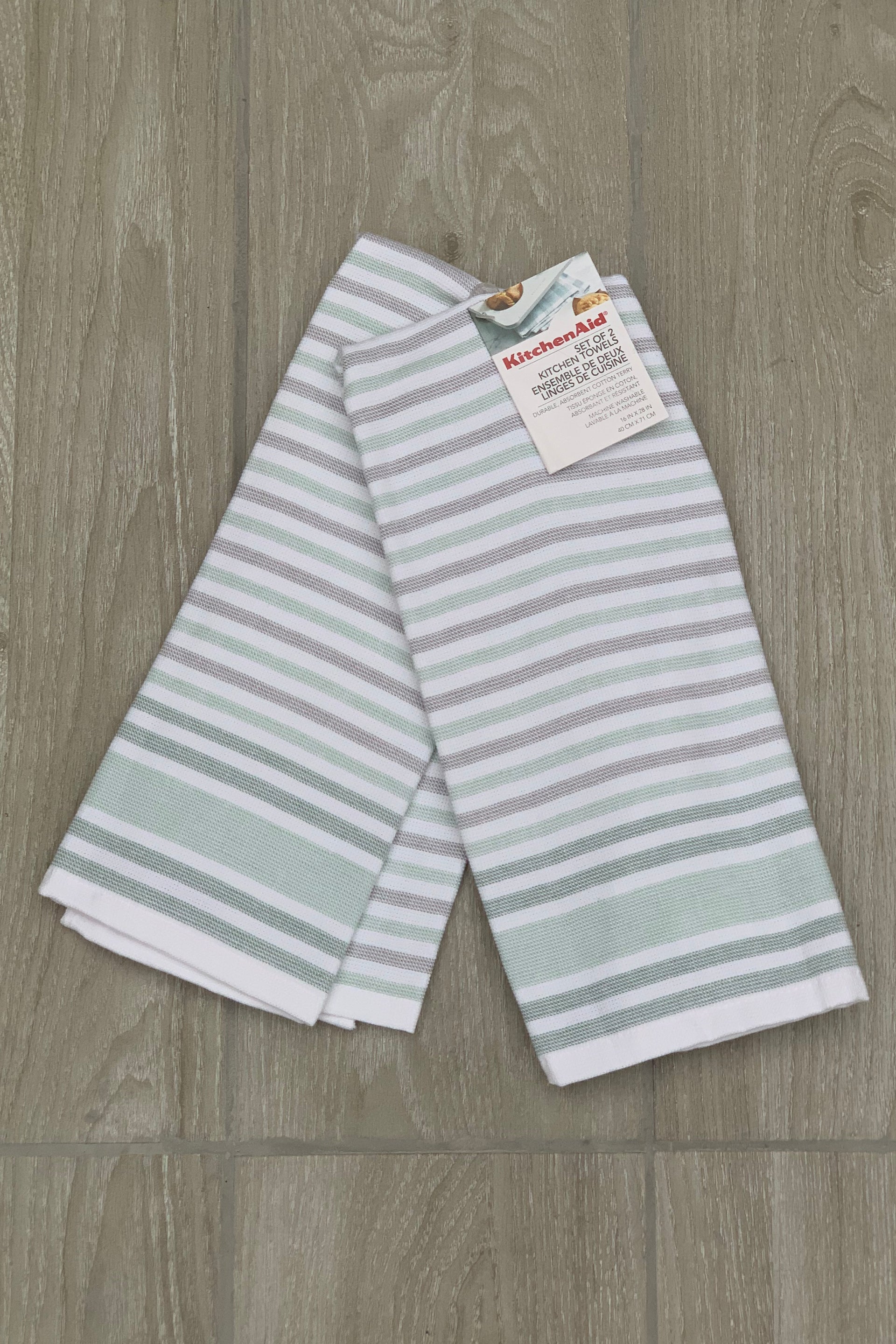 New KitchenAid Tea-Towels x2 Modern Grey Green Stripes