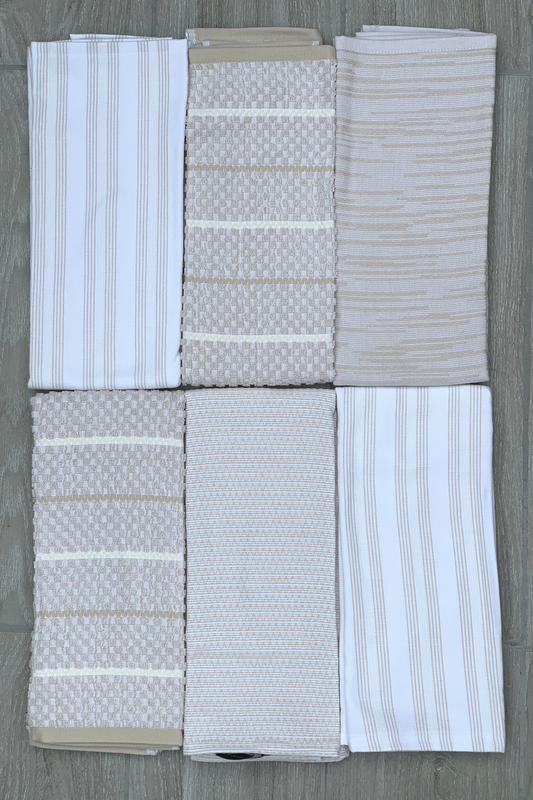 New KitchenAid Tea-Towels x6 100% Cotton Shades of Stone & White